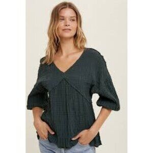 Black Crinkle Textured Oversized Waffle Knit L/S Blouse by Mittoshop L Boho Top